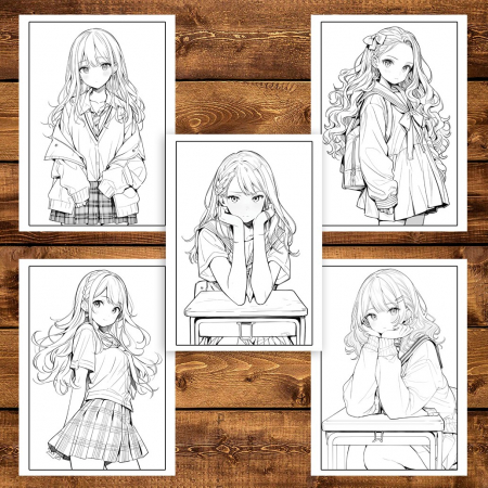 Carte de colorat pentru adulti, 50 de ilustratii Anime School Life, 106 pagini [4]