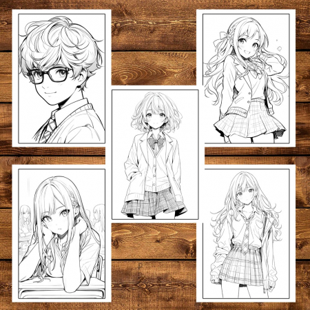 Carte de colorat pentru adulti, 50 de ilustratii Anime School Life, 106 pagini [5]