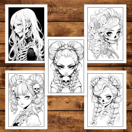 Carte de colorat pentru adulti, 50 de ilustratii, Anime Skull Girls 106 pagini [4]