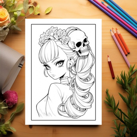 Carte de colorat pentru adulti, 50 de ilustratii, Anime Skull Girls 106 pagini [2]