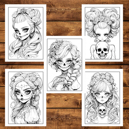 Carte de colorat pentru adulti, 50 de ilustratii, Anime Skull Girls 106 pagini [5]