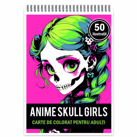 Carti de colorat antistres pentru adulti - Carte de colorat pentru adulti, 50 de ilustratii, Anime Skull Girls 106 pagini