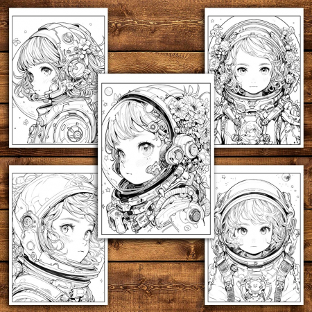 Carte de colorat pentru adulti, 50 de ilustratii Anime Space Girls, 106 pagini [3]