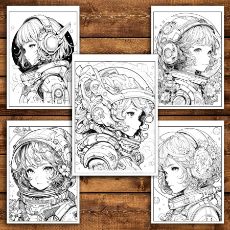 Carte de colorat pentru adulti, 50 de ilustratii Anime Space Girls, 106 pagini [4]