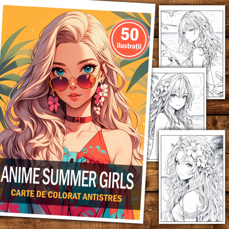 Carte de colorat pentru adulti, 50 de ilustratii, Anime Summer Girls, 106 pagini [1]