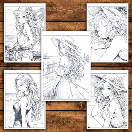 Carte de colorat pentru adulti, 50 de ilustratii, Anime Summer Girls, 106 pagini [3]
