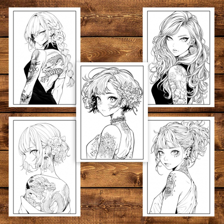 Carte de colorat pentru adulti, 50 de ilustratii, Anime Tattoo Girls, 106 pagini [3]