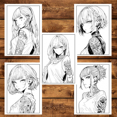 Carte de colorat pentru adulti, 50 de ilustratii, Anime Tattoo Girls, 106 pagini [5]