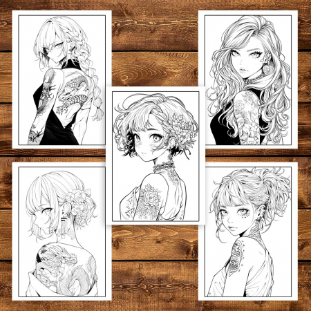 Carte de colorat pentru adulti, 50 de ilustratii, Anime Tattoo Girls, 106 pagini [3]