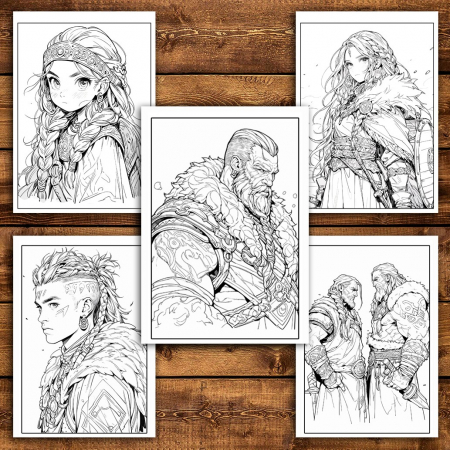 Carte de colorat pentru adulti, 50 de ilustratii, Anime Vikings, 106 pagini [4]