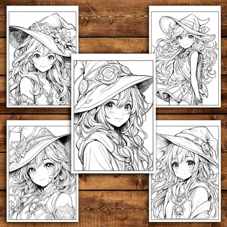 Carte de colorat pentru adulti, 50 de ilustratii Anime Witches, 106 pagini [3]