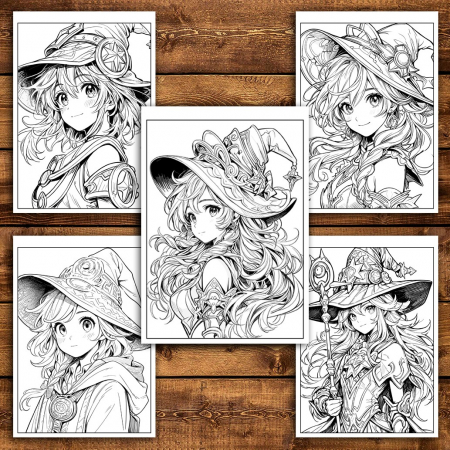 Carte de colorat pentru adulti, 50 de ilustratii Anime Witches, 106 pagini [4]