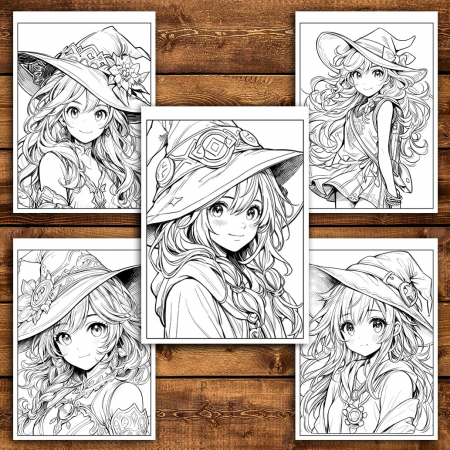 Carte de colorat pentru adulti, 50 de ilustratii Anime Witches, 106 pagini [3]