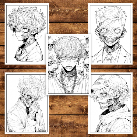 Carte de colorat pentru adulti, 50 de ilustratii Anime Zombie Boys, 106 pagini [5]