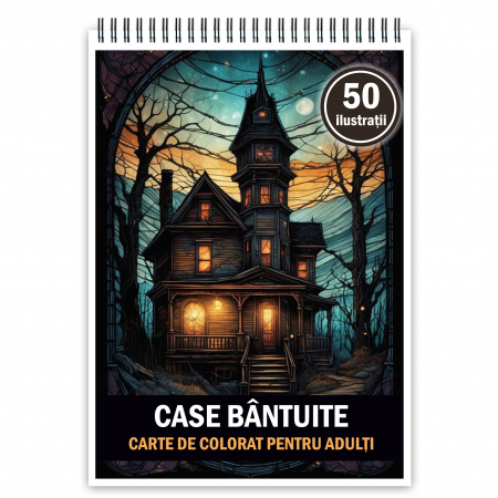 Carti de colorat cu Peisaje, cladiri, castele - Carte de colorat pentru adulti, 50 de ilustratii, Case bantuite, 106 pagini