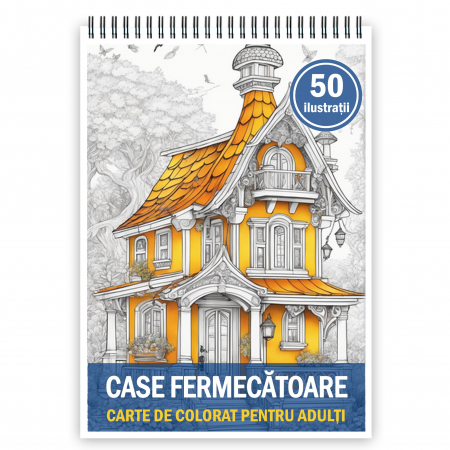 Carti de colorat cu Peisaje, cladiri, castele - Carte de colorat pentru adulti, 50 de ilustratii, Case fermecatoare, 106 pagini