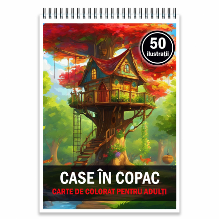 Carti de colorat antistres pentru adulti - Carte de colorat pentru adulti, 50 de ilustratii, Case in copac, 106 pagini