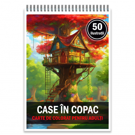 Carti de colorat cu Peisaje, cladiri, castele - Carte de colorat pentru adulti, 50 de ilustratii, Case in copac, 106 pagini