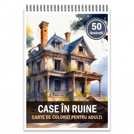 Carti de colorat cu Peisaje, cladiri, castele - Carte de colorat pentru adulti, 50 de ilustratii, Case in ruine, 106 pagini