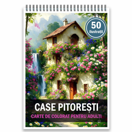 Carti de colorat cu cladiri si casute - Carte de colorat pentru adulti, 50 de ilustratii, Case pitoresti, 106 pagini