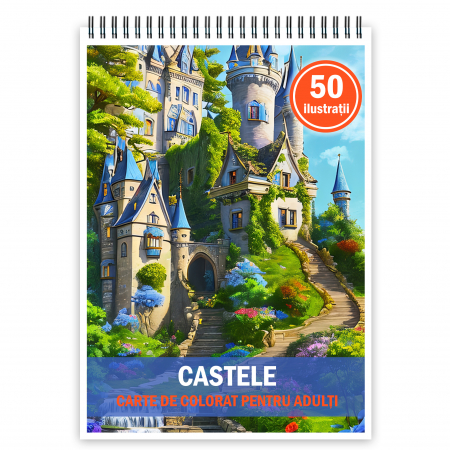 Carti de colorat cu cladiri si casute - Carte de colorat pentru adulti, 50 de ilustratii, Castele, 106 pagini