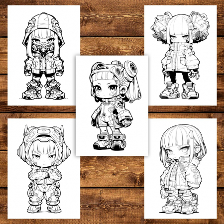 Carte de colorat pentru adulti, 50 de ilustratii Chibi Cyberpunk Girls, 106 pagini [5]