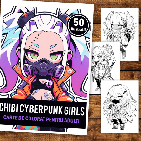 Carti de colorat cu Anime / Personaje - Carte de colorat pentru adulti, 50 de ilustratii Chibi Cyberpunk Girls, 106 pagini