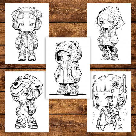 Carte de colorat pentru adulti, 50 de ilustratii Chibi Cyberpunk Girls, 106 pagini [4]