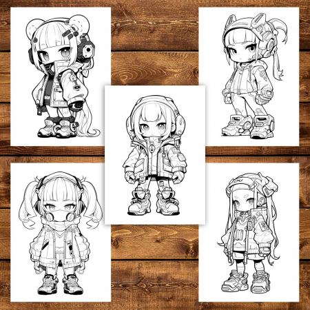 Carte de colorat pentru adulti, 50 de ilustratii Chibi Cyberpunk Girls, 106 pagini [3]