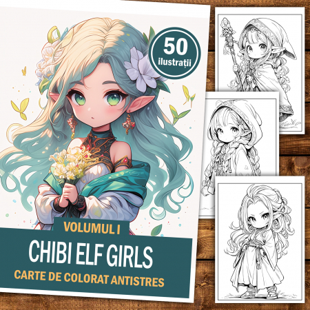 Carte de colorat pentru adulti, 50 de ilustratii Chibi Elf Girls, 106 pagini [1]