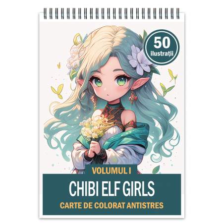 Carti de colorat cu Anime / Personaje - Carte de colorat pentru adulti, 50 de ilustratii Chibi Elf Girls, 106 pagini