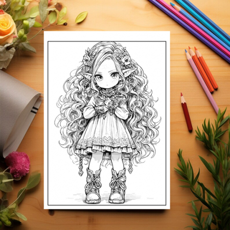 Carte de colorat pentru adulti, 50 de ilustratii Chibi Elf Girls, 106 pagini [2]