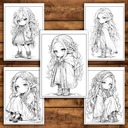 Carte de colorat pentru adulti, 50 de ilustratii Chibi Elf Girls, 106 pagini [4]