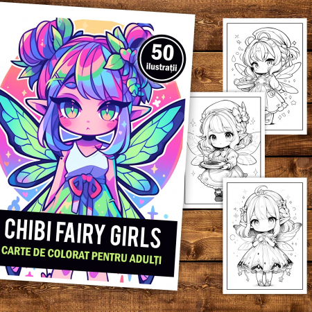 Carti de colorat antistres pentru adulti - Carte de colorat pentru adulti, 50 de ilustratii Chibi Fairy Girls, 106 pagini