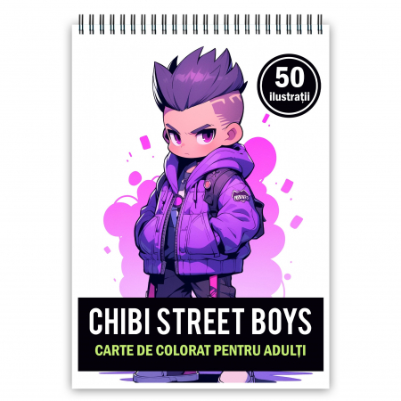 Carti de colorat cu Anime / Personaje - Carte de colorat pentru adulti, 50 de ilustratii Chibi Street Boys, 106 pagini