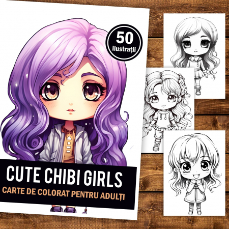 Carti de colorat antistres pentru adulti - Carte de colorat pentru adulti, 50 de ilustratii Cute Chibi Girls, 106 pagini