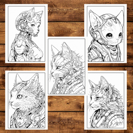 Carte de colorat pentru adulti, 50 de ilustratii, Cyborg Cats, 106 pagini [5]