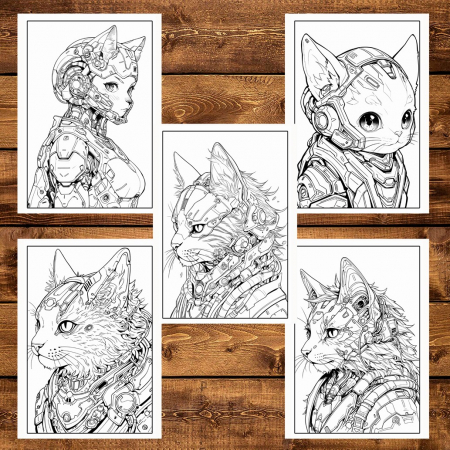 Carte de colorat pentru adulti, 50 de ilustratii, Cyborg Cats, 106 pagini [5]