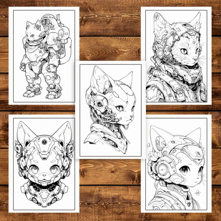 Carte de colorat pentru adulti, 50 de ilustratii, Cyborg Cats, 106 pagini [3]