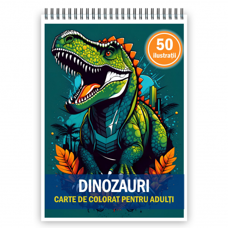 Carti de colorat pentru copii - Carte de colorat pentru adulti, 50 de ilustratii, Dinozauri, 106 pagini
