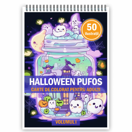 Carti de colorat antistres pentru adulti - Carte de colorat pentru adulti, 50 de ilustratii, Halloween pufos - Volumul I, 106 pagini