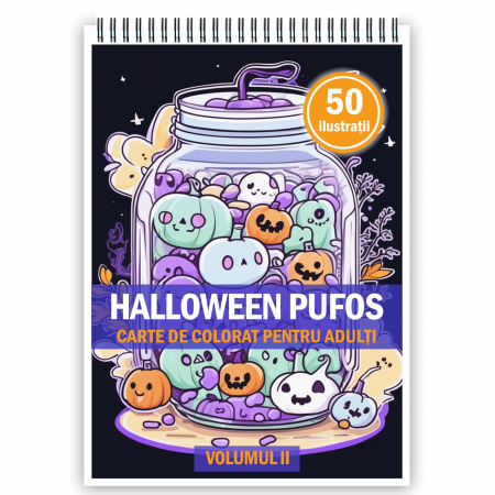 Carti de colorat antistres pentru adulti - Carte de colorat pentru adulti, 50 de ilustratii, Halloween pufos - Volumul II, 106 pagini