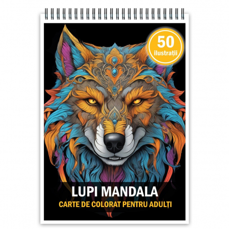 Carti de colorat cu mandale de animale - Carte de colorat pentru adulti, 50 de ilustratii, Lupi Mandala, 106 pagini