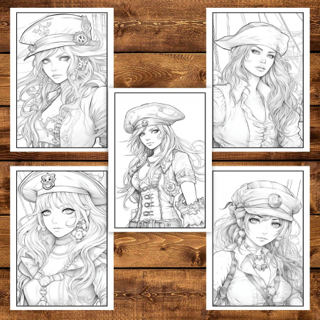 Carte de colorat pentru adulti, 50 de ilustratii Pirate Girls, 106 pagini [4]