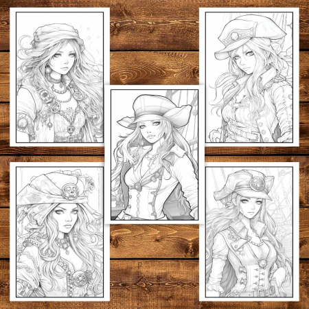 Carte de colorat pentru adulti, 50 de ilustratii Pirate Girls, 106 pagini [3]