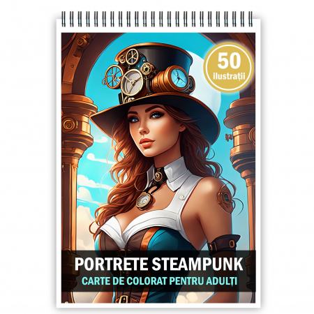 Carti de colorat cu Anime / Personaje - Carte de colorat pentru adulti, 50 de ilustratii, Steampunk, 106 pagini
