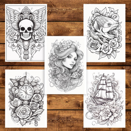Carte de colorat pentru adulti, 50 de ilustratii, Tatuaje - Volumul I, 106 pagini [4]