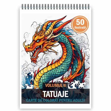 Carti de colorat antistres pentru adulti - Carte de colorat pentru adulti, 50 de ilustratii, Tatuaje - Volumul II, 106 pagini