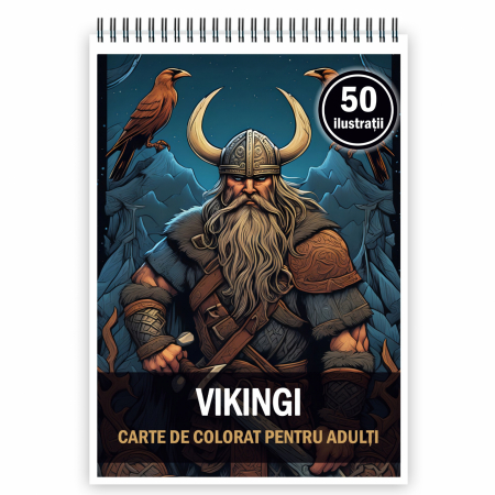 Carti de colorat antistres pentru adulti - Carte de colorat pentru adulti, 50 de ilustratii, Vikingi, 106 pagini