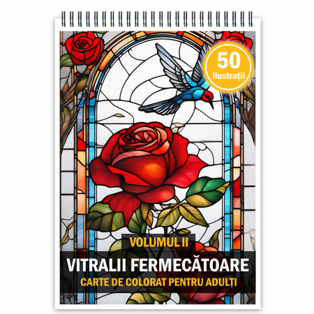Carti de colorat cu Vitralii - Carte de colorat pentru adulti, 50 de ilustratii, Vitralii Fermecatoare - Volumul II, 106 pagini